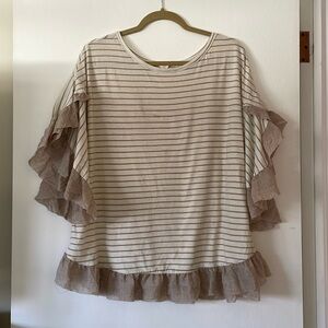 Hyku Tan and Cream Bohemian Ruffle Striped Blouse Medium/Large